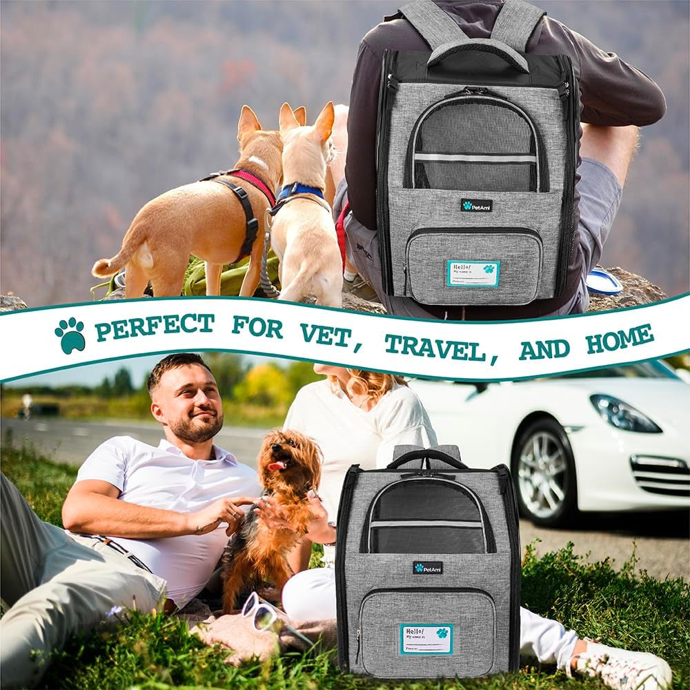 Ventilated Dog and Cat Backpack Carrier - Airline Approved, Perfect for Hiking, Camping, and Travel (Up to 18 lbs) - Stylish Grey Design