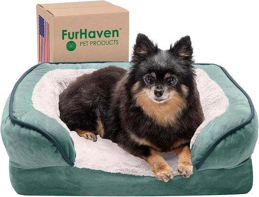Plush Celadon Green Memory Foam Dog Bed with Removable Bolsters - Perfect Comfort for Small Dogs up to 20 Lbs - Washable Cover