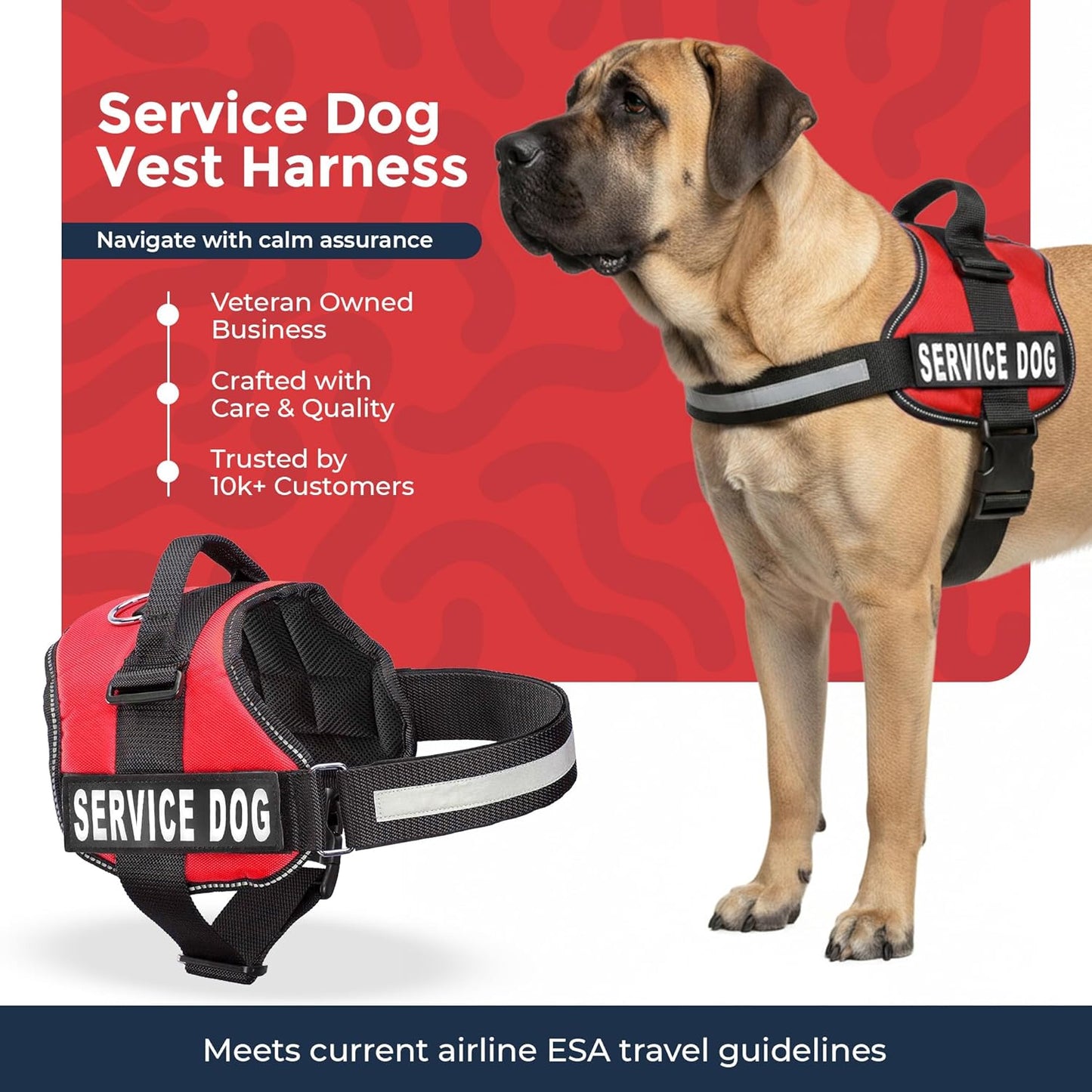 Premium Service Dog Vest Harness - Adjustable & Durable with Reflective Straps, Removable Patches, 50 ADA Cards, Handle & D-Ring for Travel & Daily Use (Bright Red, XL 30"-39")