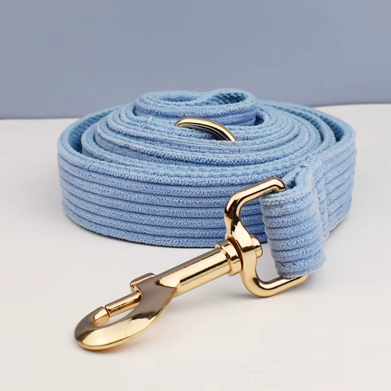 Stylish Blue Corduroy Dog Collar and Leash Set with Custom Engraved Nameplate - Perfect Pet Supplies!
