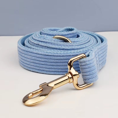 Stylish Blue Corduroy Dog Collar and Leash Set with Custom Engraved Nameplate - Perfect Pet Supplies!