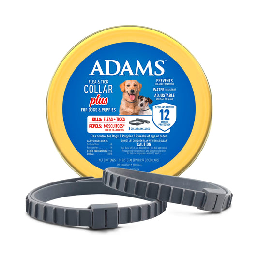Flea & Tick Collar Plus for Dogs & Puppies - 12 Months Protection, Kills Fleas & Ticks, Repels Mosquitoes, One Size Fits All, 2 Count