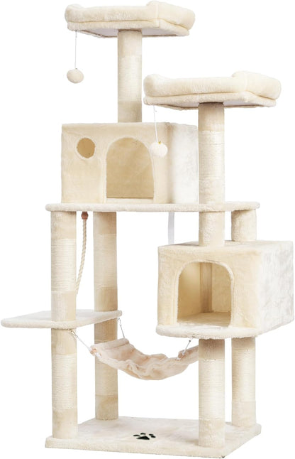 Ultimate Cat Paradise: Spacious Multi-Level Cat Tree with Cozy Condos, Hammock, and Durable Sisal Scratching Posts - Beige