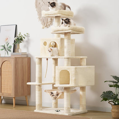 Ultimate Cat Paradise: Spacious Multi-Level Cat Tree with Cozy Condos, Hammock, and Durable Sisal Scratching Posts - Beige