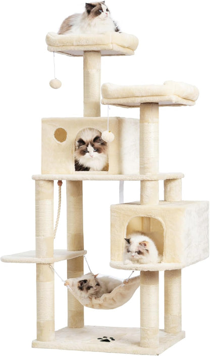Ultimate Cat Paradise: Spacious Multi-Level Cat Tree with Cozy Condos, Hammock, and Durable Sisal Scratching Posts - Beige